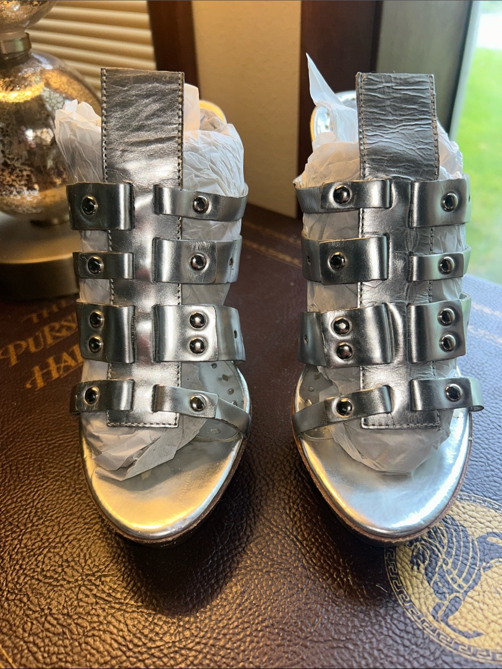 BCBGirls Metallic Silver Multi-Strap Heeled Sandals